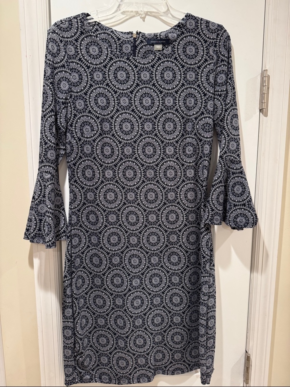 Tommy Hilfiger Navy and White Medallion Shift Dress with Fluted Sleeves